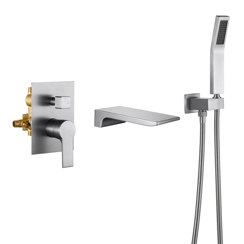 Single-Handle Wall-Mount Tub Faucet with Hand Shower and Waterfall Spout