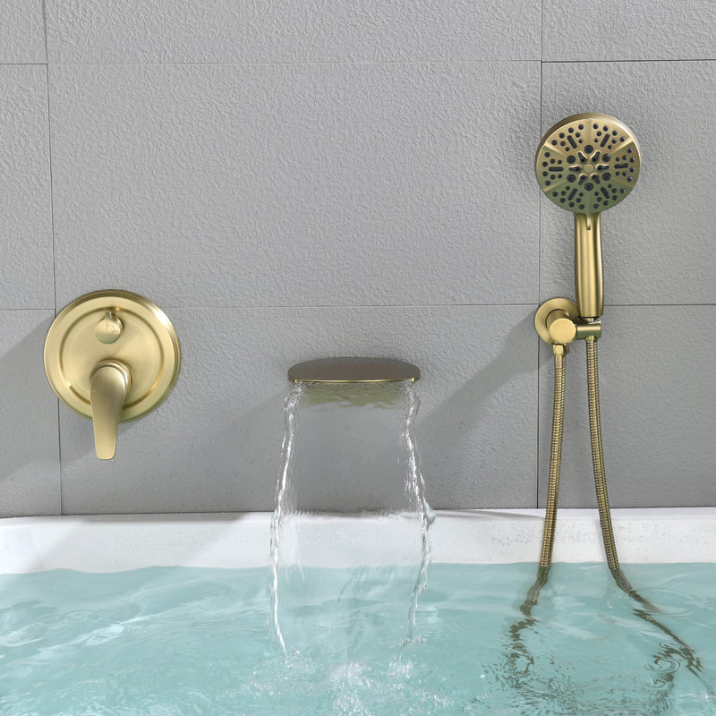 Single-Handle Wall Mount Roman Tub Faucet with 7-Spray Round Hand Shower