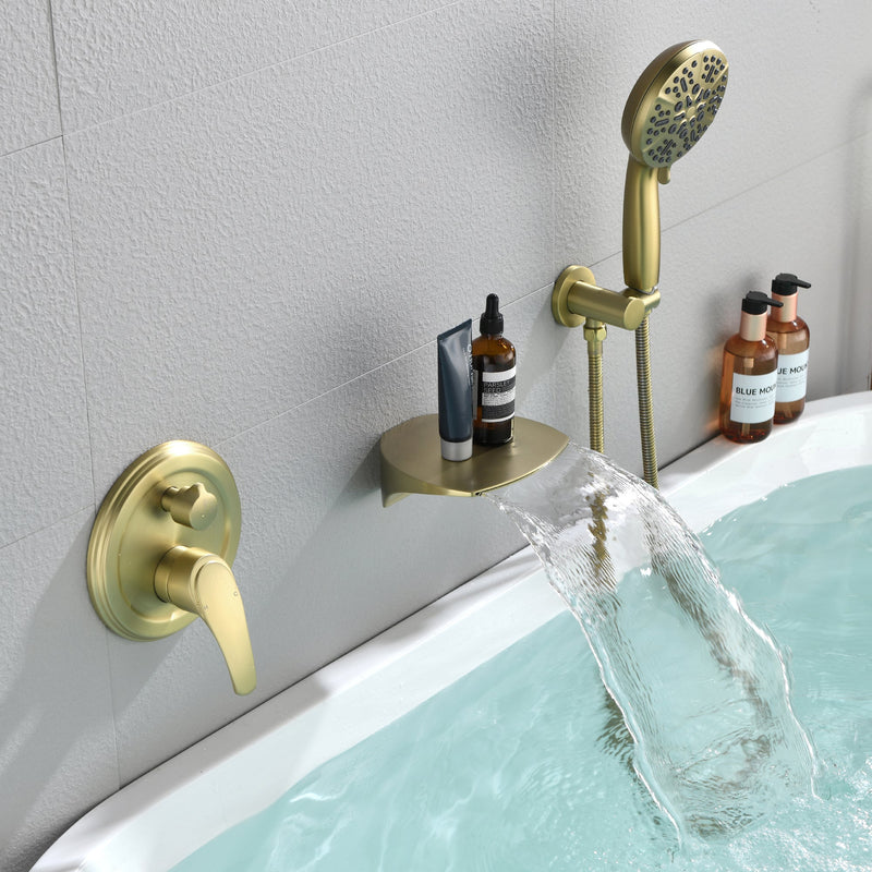 Single-Handle Wall Mount Roman Tub Faucet with 7-Spray Round Hand Shower