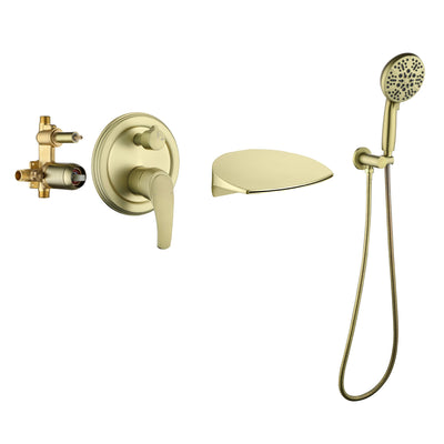 Single-Handle Wall Mount Roman Tub Faucet with 7-Spray Round Hand Shower