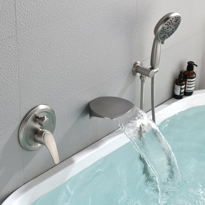 Single-Handle Wall Mount Roman Tub Faucet with 7-Spray Round Hand Shower