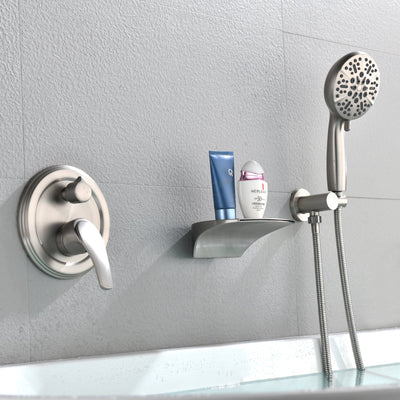 Single-Handle Wall Mount Roman Tub Faucet with 7-Spray Round Hand Shower