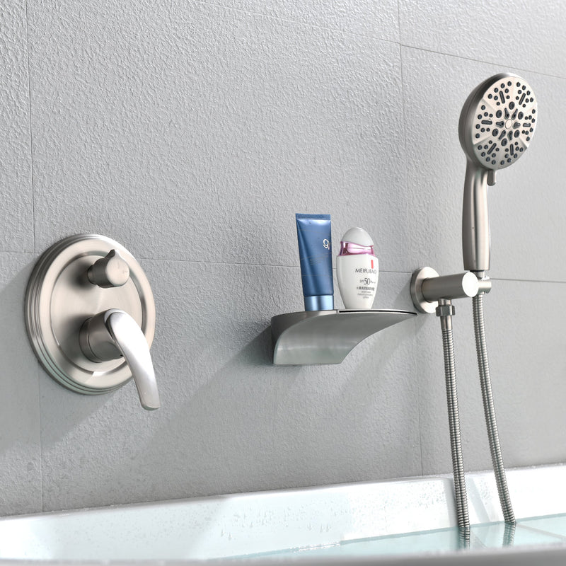 Single-Handle Wall Mount Roman Tub Faucet with 7-Spray Round Hand Shower