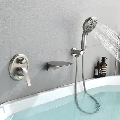 Single-Handle Wall Mount Roman Tub Faucet with 7-Spray Round Hand Shower