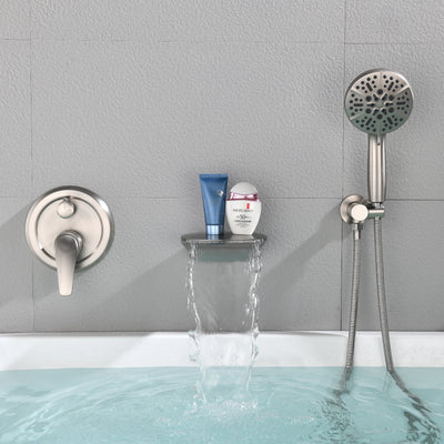 Single-Handle Wall Mount Roman Tub Faucet with 7-Spray Round Hand Shower