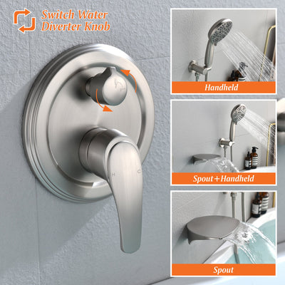 Single-Handle Wall Mount Roman Tub Faucet with 7-Spray Round Hand Shower