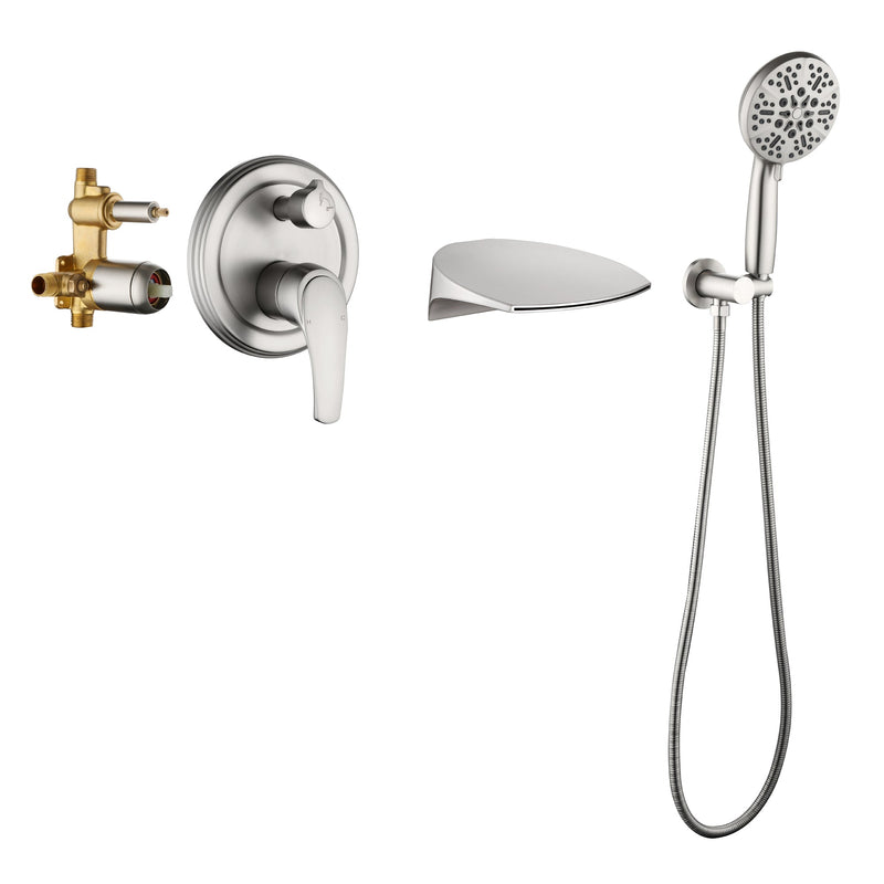 Single-Handle Wall Mount Roman Tub Faucet with 7-Spray Round Hand Shower