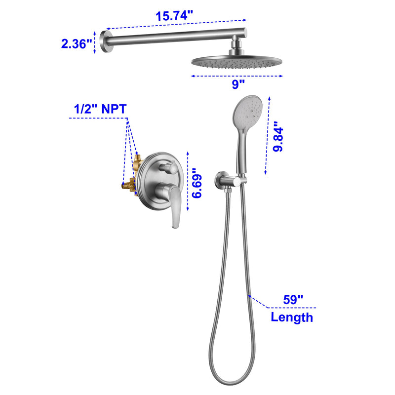 9 in. 2-Spray Patterns with 1.8 GPM Wall Mount Dual Shower Heads with 360-Degree Rotation