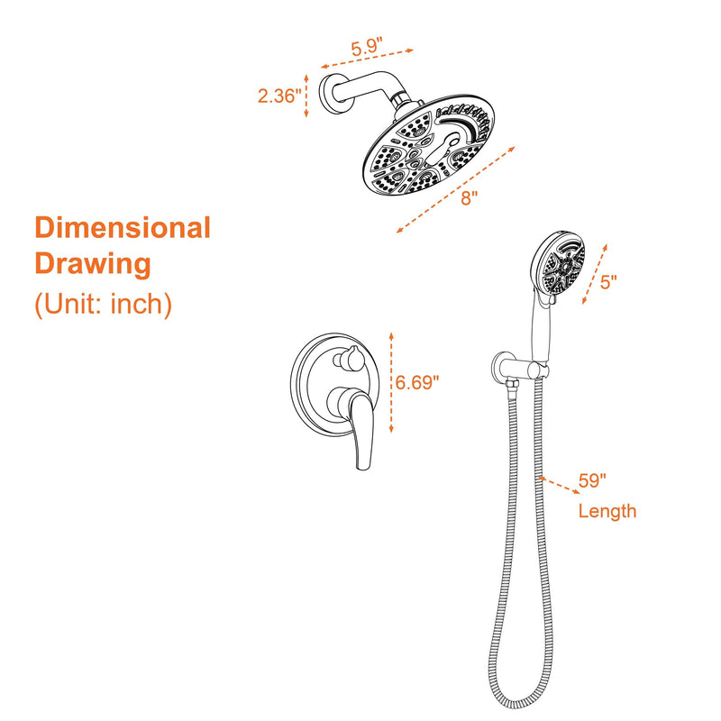 8 in. 6-Spray Patterns Tub Wall Mount Dual Fixed Shower Head