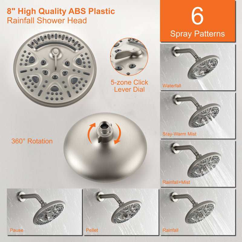 8 in. 6-Spray Patterns Tub Wall Mount Dual Fixed Shower Head