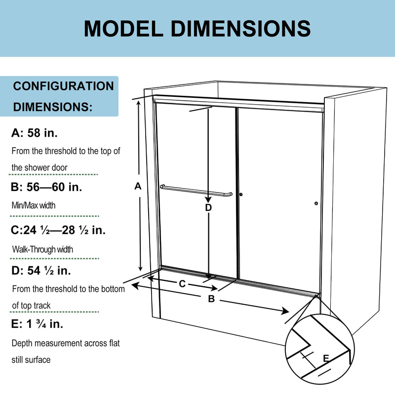 56inch - 60inch W x 58inch H Single Sliding Frameless Tub Door with Clear Glass