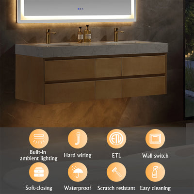 60 inch Modern Floating Maple Wood Bathroom Vanity Cabinet with LED Light and Double Basin