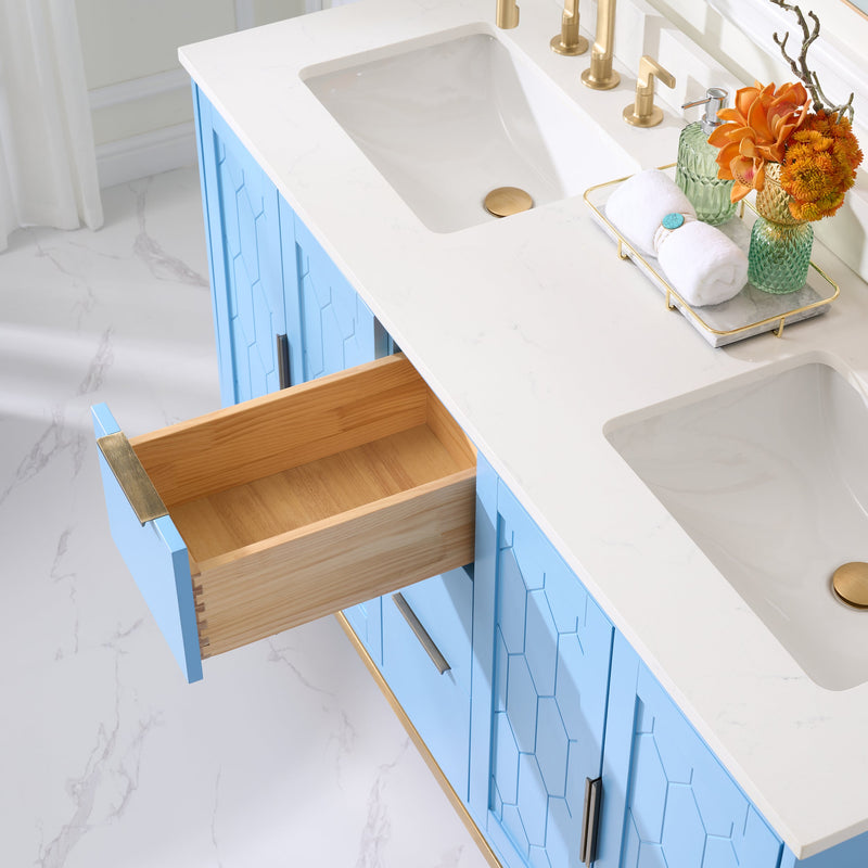 60 in. W x 22 in. D x 35 in. H Bathroom Vanity in Light Blue with Carrara White Quartz Vanity Top with White Sink