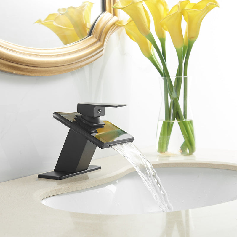 Single Hole Single-Handle Waterfall  Low-Arc Bathroom Faucet With Glass Spout