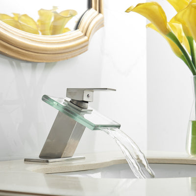 Single Hole Single-Handle Waterfall  Low-Arc Bathroom Faucet With Glass Spout