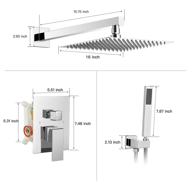 Single Handle 2-Spray Square High Pressure Shower Faucet with 16 in. Shower Head