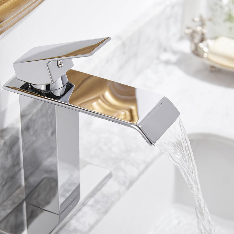 Waterfall Single-Handle Low-Arc Bathroom Faucet With Pop-up Drain Assembly