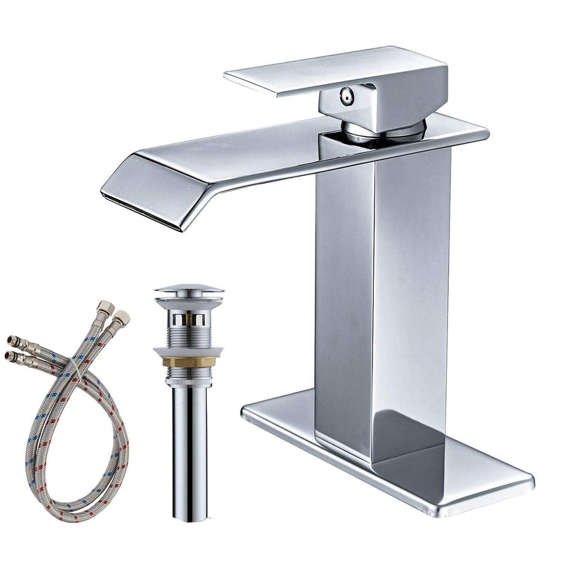 Waterfall Single-Handle Low-Arc Bathroom Faucet With Pop-up Drain Assembly