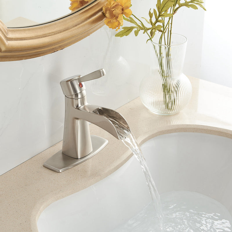 Waterfall Single Hole Single-Handle Low-Arc Bathroom Sink Faucet With Pop-up Drain Assembly