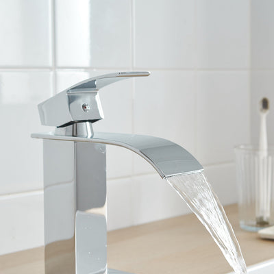 Waterfall Single Hole Single-Handle Low-Arc Bathroom Faucet With Pop-up Drain Assembly