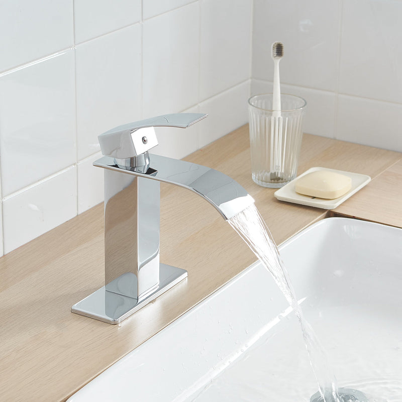 Waterfall Single Hole Single-Handle Low-Arc Bathroom Faucet With Pop-up Drain Assembly