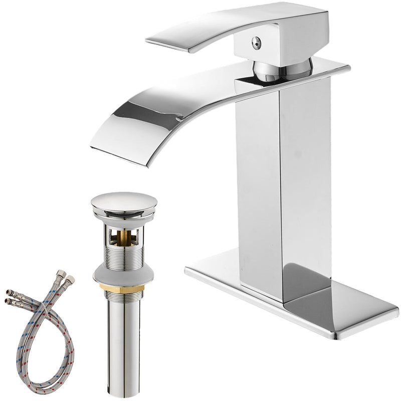 Waterfall Single Hole Single-Handle Low-Arc Bathroom Faucet With Pop-up Drain Assembly