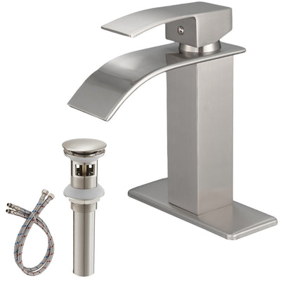 Waterfall Single Hole Single-Handle Low-Arc Bathroom Faucet With Pop-up Drain Assembly