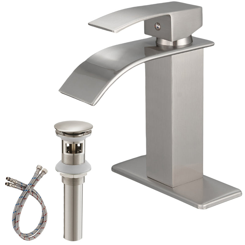 Waterfall Single Hole Single-Handle Low-Arc Bathroom Faucet With Pop-up Drain Assembly