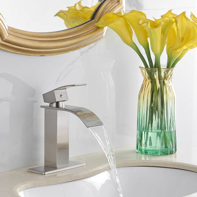 Waterfall Single Hole Single-Handle Low-Arc Bathroom Faucet With Pop-up Drain Assembly