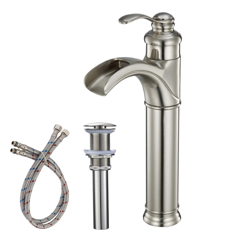 Waterfall High Spout Single Handle Single Hole Bathroom Faucet with Drain Kit Included