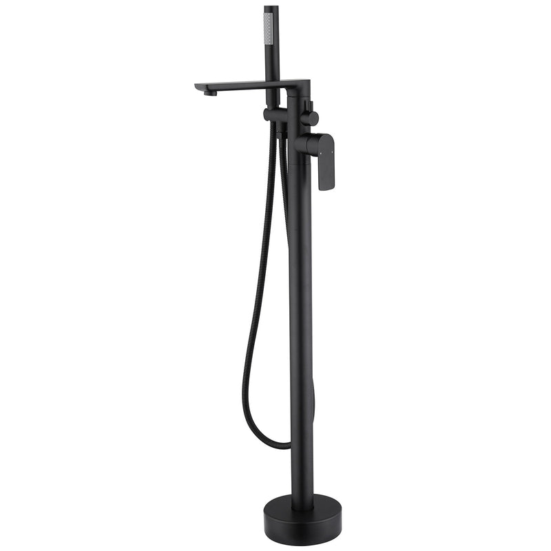 Freestanding Double-Handle Floor Mount Tub Faucet Bathtub Filler with Hand Shower in Matte Black