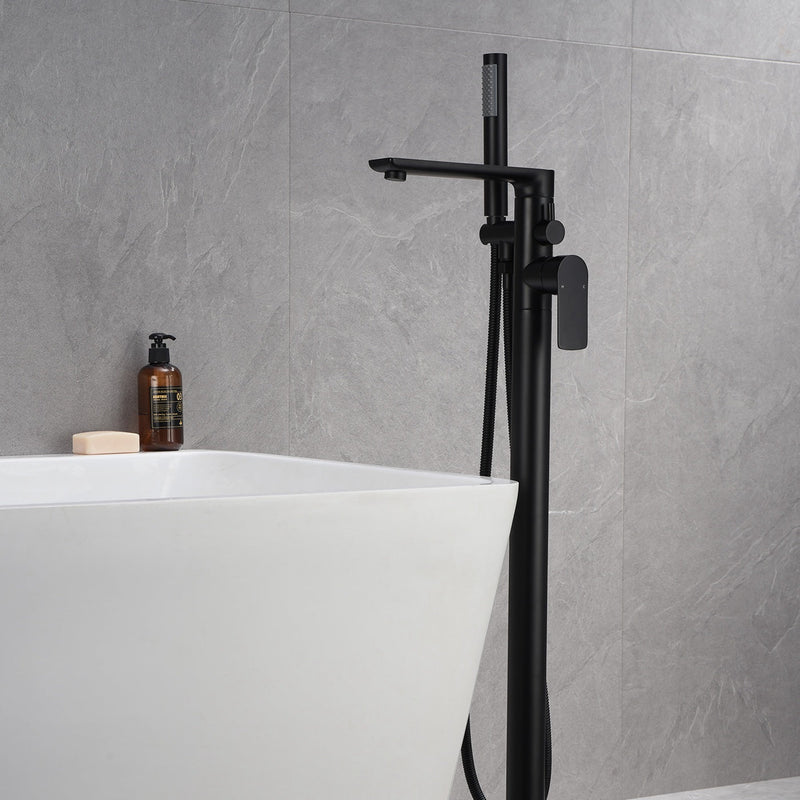 Freestanding Double-Handle Floor Mount Tub Faucet Bathtub Filler with Hand Shower in Matte Black