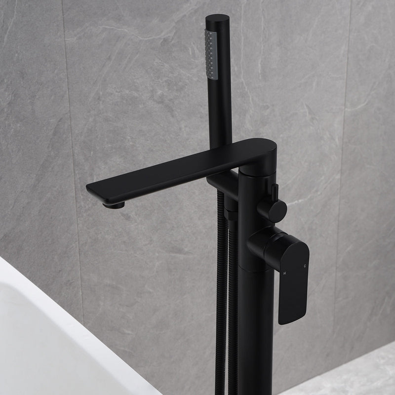 Freestanding Double-Handle Floor Mount Tub Faucet Bathtub Filler with Hand Shower in Matte Black