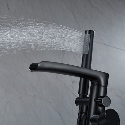 Single-Handle Floor Mount Tub Faucet Bathtub Filler with Hand Shower in Matte Black