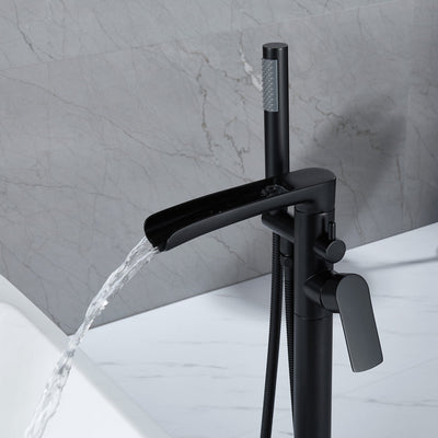 Single-Handle Floor Mount Tub Faucet Bathtub Filler with Hand Shower in Matte Black