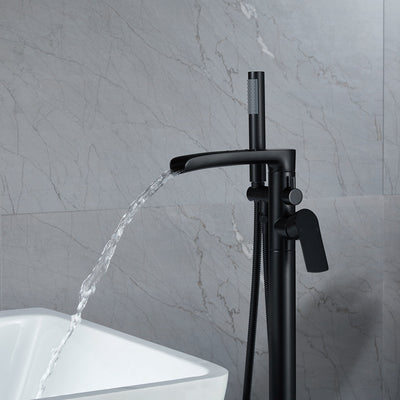 Single-Handle Floor Mount Tub Faucet Bathtub Filler with Hand Shower in Matte Black