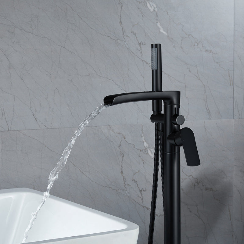 Single-Handle Floor Mount Tub Faucet Bathtub Filler with Hand Shower in Matte Black