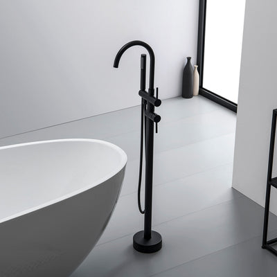 Double-Handle Freestanding Floor Mount Tub Faucet Bathtub Filler with Hand Shower in Matte Black