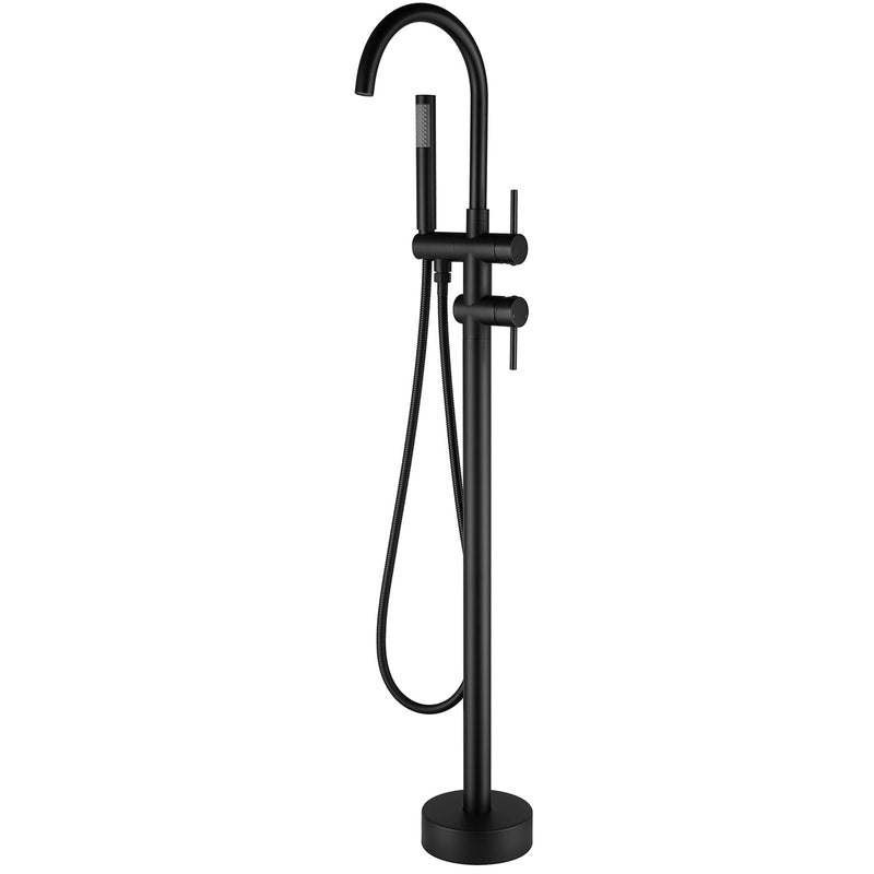 Double-Handle Freestanding Floor Mount Tub Faucet Bathtub Filler with Hand Shower in Matte Black