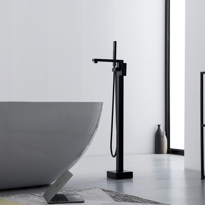 Single-Handle Freestanding Floor Mount Tub Faucet Bathtub Filler with Hand Shower in Matte Black