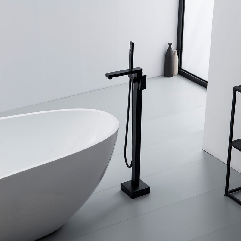 Single-Handle Freestanding Floor Mount Tub Faucet Bathtub Filler with Hand Shower in Matte Black