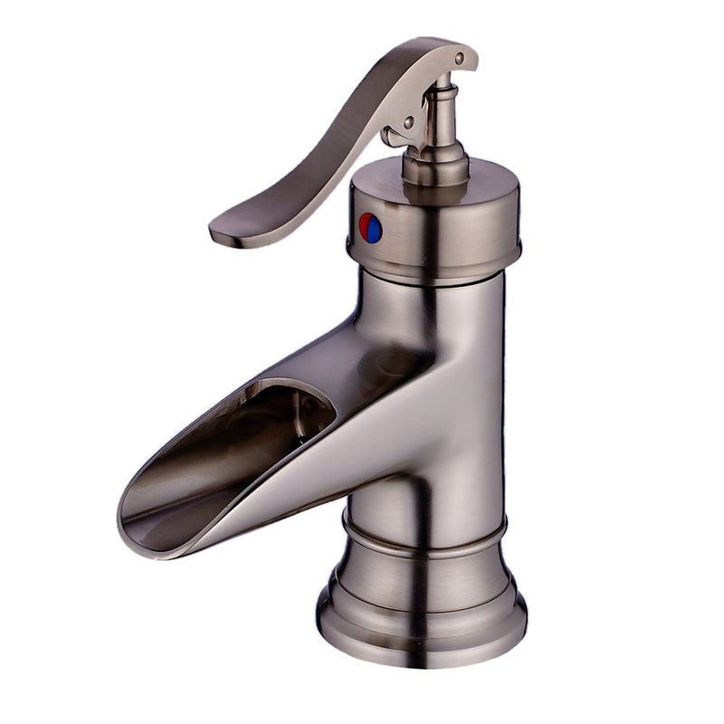 Single Handle Single Hole Bathroom Faucet in Brushed Nickel with Waterfall Spout