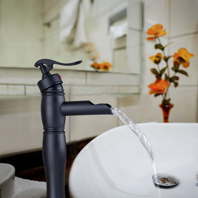 Single Handle Single Hole Bathroom Faucet in Oil Rubbed Bronze with Waterfall Spout