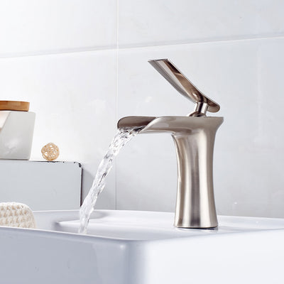 Single Hole Single-Handle Bathroom Faucet in Brushed Nickel with Waterfall Spout