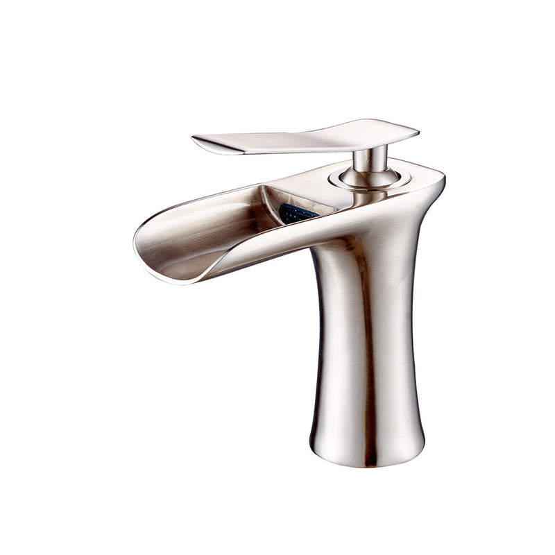 Single Hole Single-Handle Bathroom Faucet in Brushed Nickel with Waterfall Spout