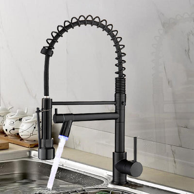 Single Handle Pull Down Sprayer Kitchen Faucet with 360℃ Rotation and LED Lights in Matte Black