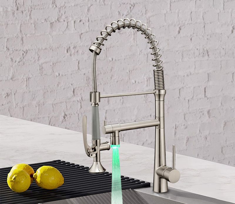 Single Handle Pull Down Sprayer Kitchen Faucet with 360℃ Rotation and LED Lights in Brushed Nickel