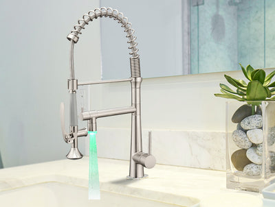 Single Handle Pull Down Sprayer Kitchen Faucet with 360℃ Rotation and LED Lights in Brushed Nickel