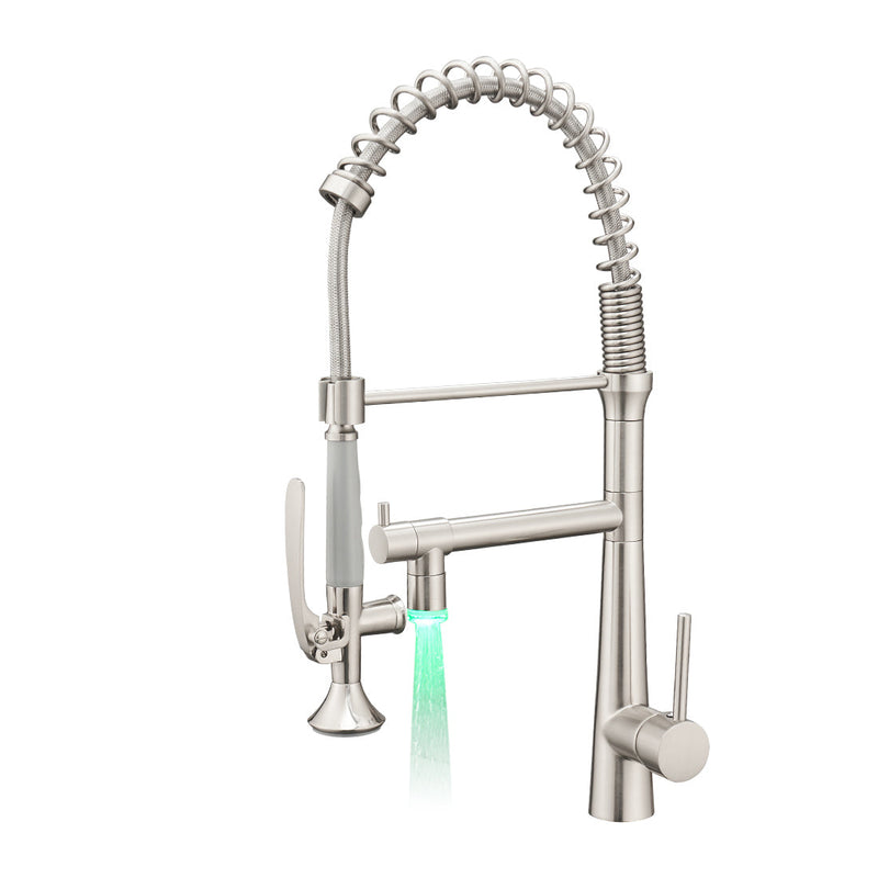 Single Handle Pull Down Sprayer Kitchen Faucet with 360℃ Rotation and LED Lights in Brushed Nickel