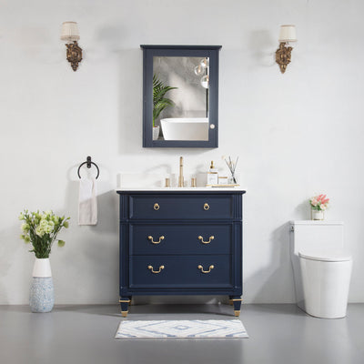 36inch Navy Blue Single Sink Freestanding Solid Wood Bathroom Vanity Storage Organizer with Carrara White Quartz Countertop